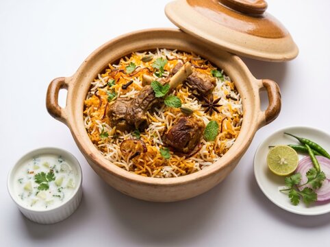 Traditional Indian mutton biryani served in a rustic clay pot handi, accompanied by fresh raita and salad garnish on a bright white studio background, ideal for restaurant menu design.