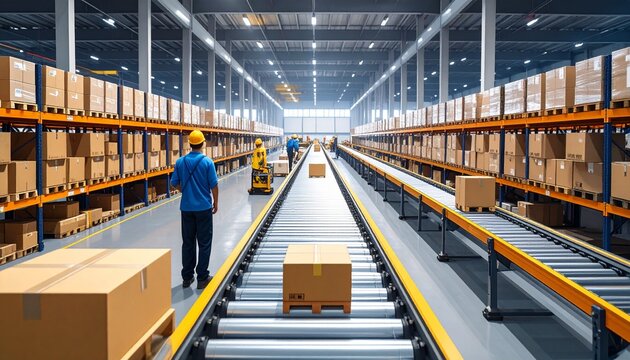 Automated warehouse with conveyor belts and workers monitoring packages, symbolizing efficiency, technology, and precision in modern logistics operations.