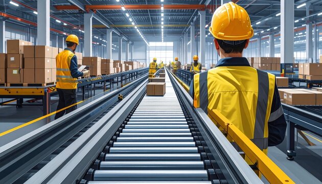 Automated warehouse with conveyor belts and workers monitoring packages, symbolizing efficiency, technology, and precision in modern logistics operations.