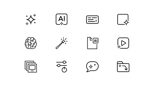 Set of twelve modern line art icons representing artificial intelligence tools and digital creative content generation.
