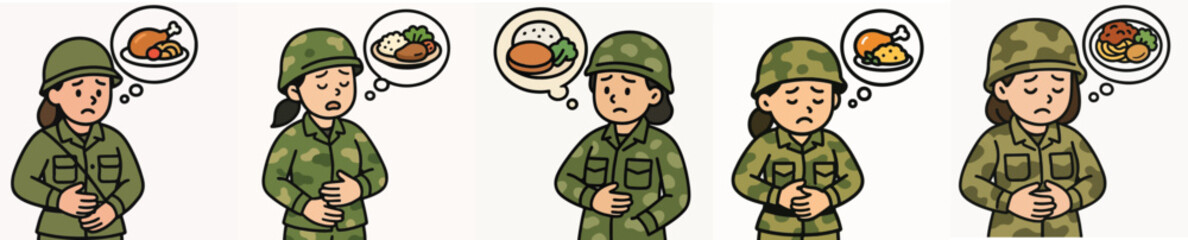 Fototapeta premium Set of vector illustrations of a hungry female soldier wanting to eat.