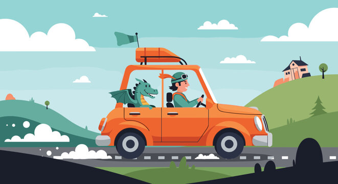 Whimsical man drives a vibrant orange car through the countryside while accompanied by a friendly green dragon passenger.