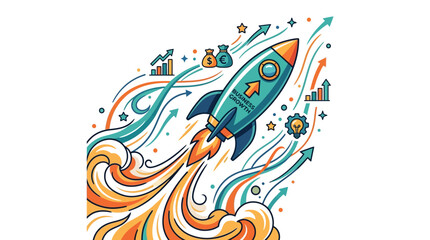 Vibrant rocket ship soaring through colorful swirling patterns and symbols. © gacoan