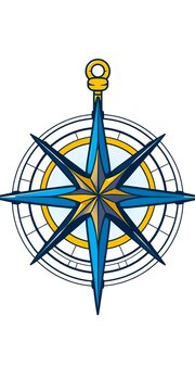 Nautical compass rose illustration with blue and gold star for navigation themes vector drawing, illustration, gold