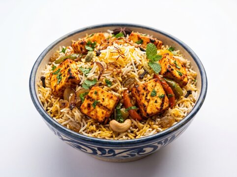 Spicy paneer biryani served in an ornate ceramic bowl on a clean white background, showcasing aromatic basmati rice, grilled cottage cheese, roasted cashews, and fresh mint garnish for culinary menus.