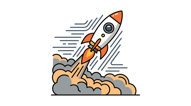 A cartoon rocket ship blasting off into space with smoke and flames.