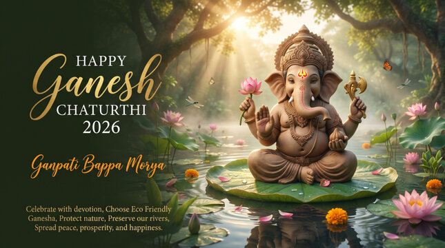 Lord Ganesha Idol Resting on Lotus Leaf in Tranquil Forest Pond with Sunbeams for Ganesh Chaturthi Greeting Banner