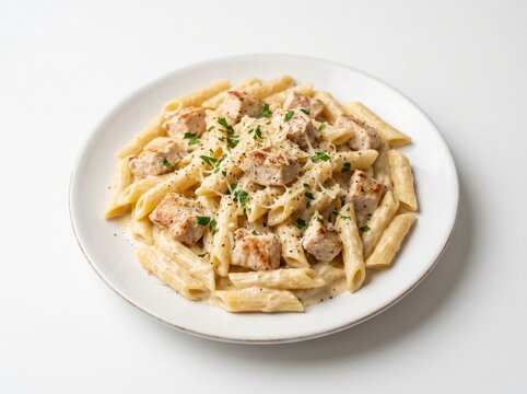 Creamy chicken alfredo penne pasta topped with grilled chicken breast chunks, grated parmesan, and fresh parsley, served on a clean white plate with bright studio light for menus.