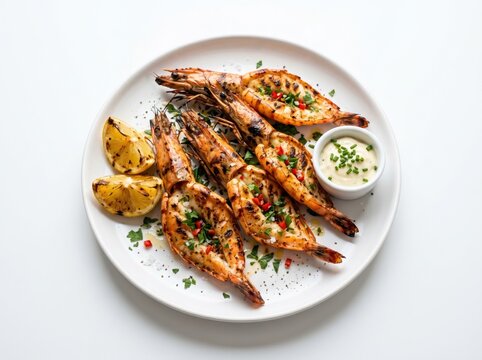 Grilled butterflied tiger prawns garnished with fresh herbs, chili, and charred lemon wedges, served on a white plate with garlic aioli dipping sauce on a clean white studio background.