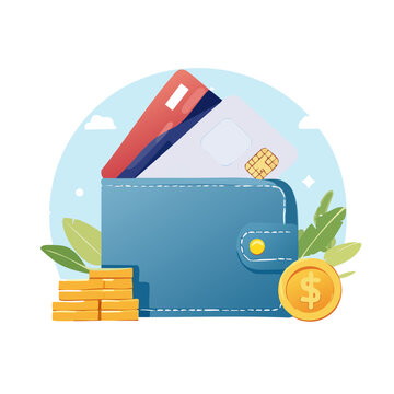 Flat vector illustration of wallet with cards and coins