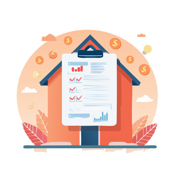 House with financial document and coins