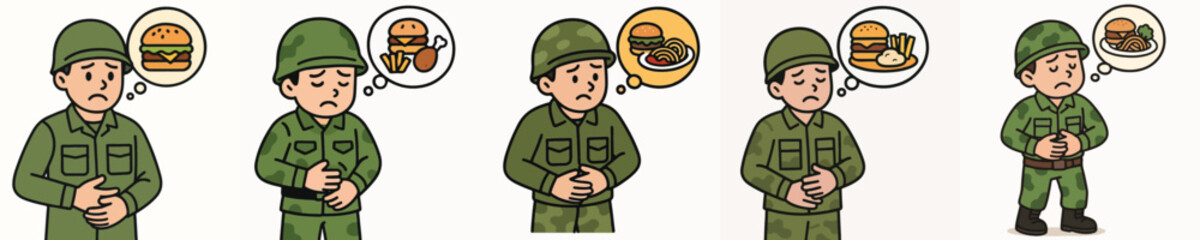 Fototapeta premium Set of vector illustrations of hungry soldiers wanting to eat.