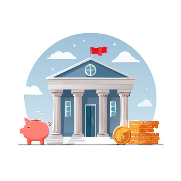 Bank Building with Piggy Bank and Coins