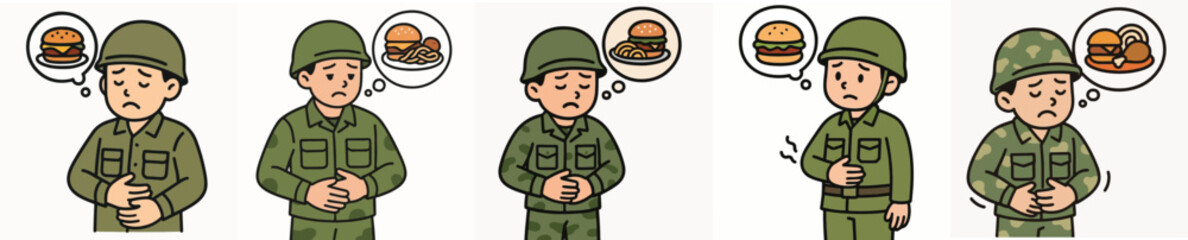 Fototapeta premium Set of vector illustrations of hungry soldiers wanting to eat.
