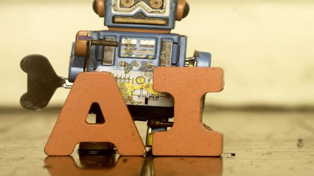Retro robot says NO AI stop motion on a wooden floor 