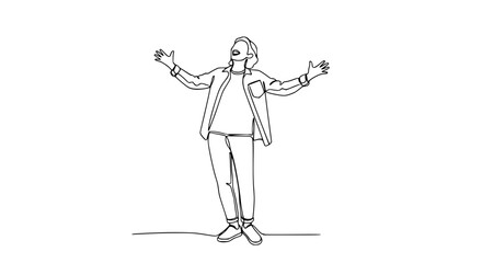 Fototapeta premium Continuous line drawing of a happy person with arms wide open celebrating success, joy, and freedom.