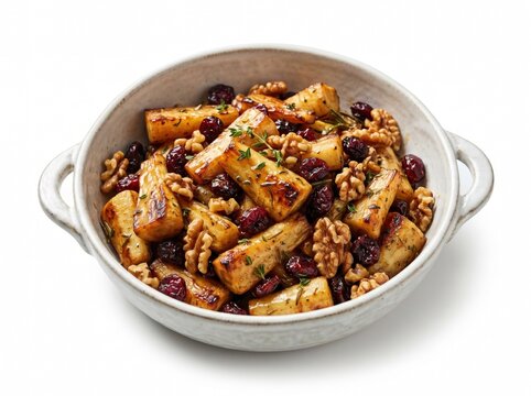 Roasted parsnips with cranberries and walnuts in a ceramic bowl, bright studio lighting, festive holiday side dish, warm golden brown tones, ideal for culinary marketing and recipe blogs.