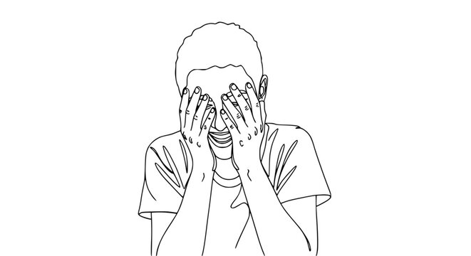 Joyful Person Hiding Face with Hands, Laughing, Line Art Drawing