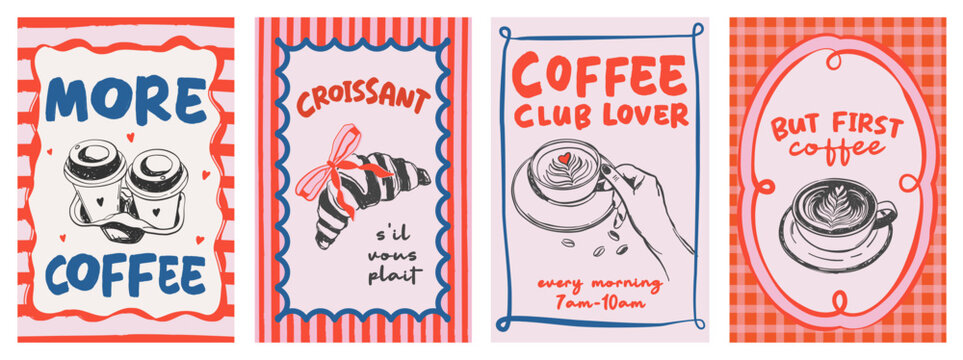 Collection of vintage poster with hand drawn coffee cup, croissant and pancakes. Whimsical dopamine vector illustration for wall art gallery, invitation, menus in cafe or restaurant branding etc.