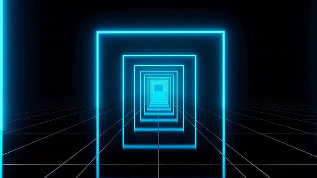Infinite blue neon tunnel in dark void