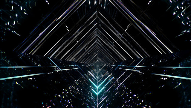 Abstract Futuristic Tunnel with Neon Lights and Reflections.