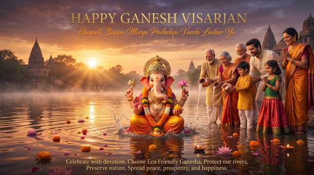 Lord Ganesha Idol Immersion During Ganesh Visarjan Ceremony with Devotee Family at Sunrise Festival Greeting Banner