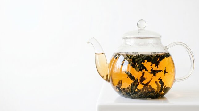 Elegant glass teapot filled with hot golden amber tea and loose leaves on a clean white studio background with copy space, bright high-key lighting, ideal for health and wellness branding.