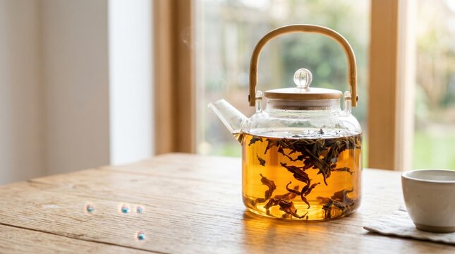 Glass teapot filled with amber loose leaf tea brewing on a rustic wooden table by a bright window, cozy morning atmosphere, warm natural lighting, perfect for healthy lifestyle wellness concepts.