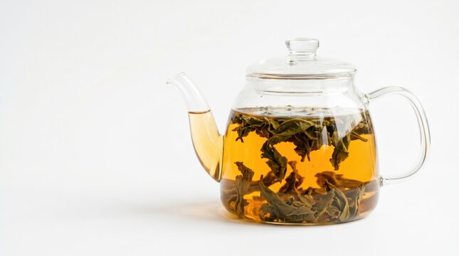 Fresh loose green tea leaves brewing in a clear glass teapot filled with warm amber liquid, isolated on a bright white background, clean studio lighting, perfect for healthy lifestyle branding.