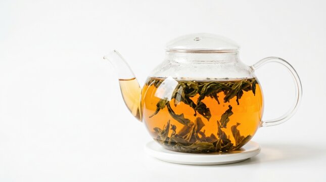 Brewing loose leaf oolong tea in a clear glass teapot on a minimalist white saucer, clean studio lighting highlighting golden amber colors for healthy wellness lifestyle commercial use.