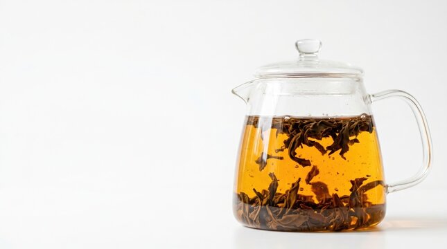 Glass teapot with freshly brewed loose leaf black tea floating in golden amber water, isolated on clean white background, minimalist bright studio lighting, wellness commercial concept