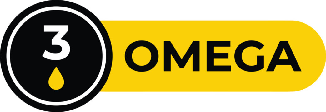 Omega 3 fatty acid horizontal banner with black circle badge and yellow drop icon for supplement packaging.