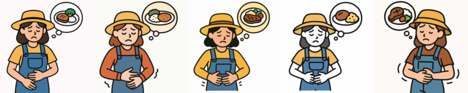 Set of vector illustrations of a hungry female farmer wanting to eat.