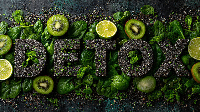 Healthy Detox Concept with Fresh Fruits and Greens.