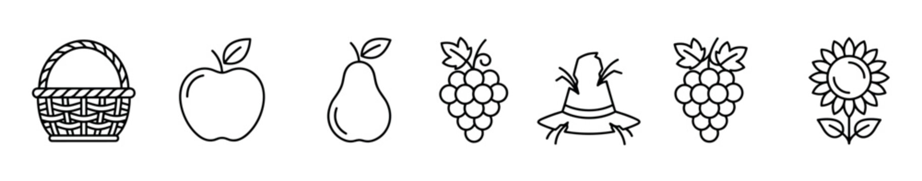 Basket apple pear grapes scarecrow hat sunflower outline icons representing autumn harvest season and farm produce in a simple line art style.