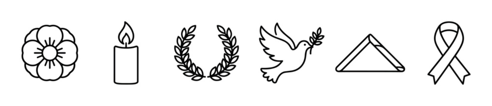 Poppy flower, burning candle, laurel wreath, dove, folded flag, and awareness ribbon icons representing remembrance, peace, and tribute.