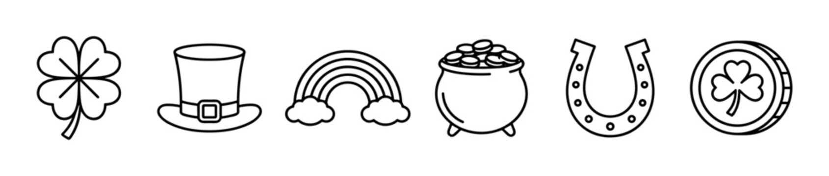 St. Patrick's Day symbols including a clover, leprechaun hat, rainbow, pot of gold, horseshoe, and coin, representing Irish luck and celebration.