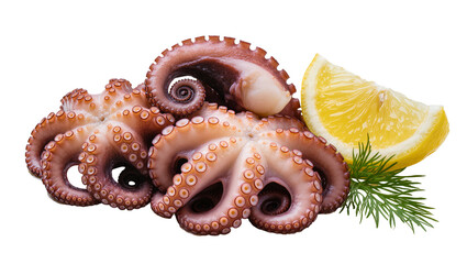 Isolated several tender cooked octopus with a vibrant lemon slice and fresh dill herb © Andrei