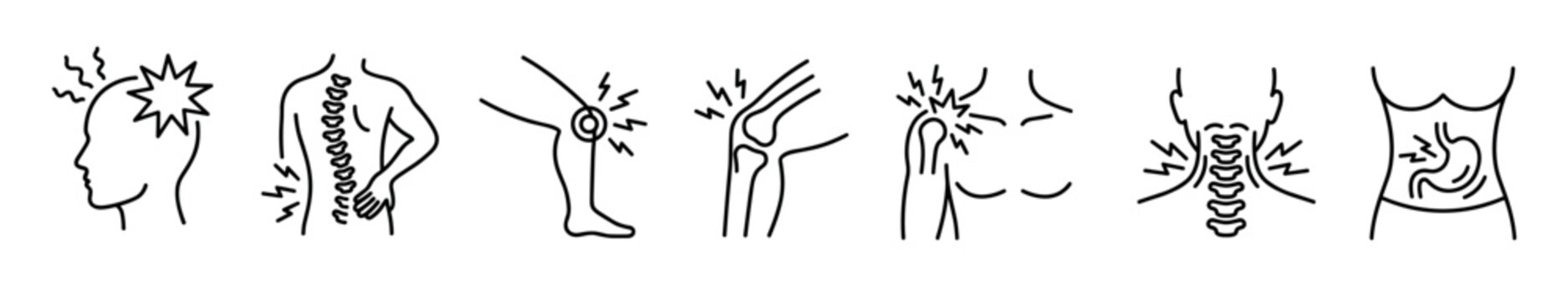 Human body pain symptoms medical conditions are visually represented with minimalist line icons for healthcare and anatomy topics.