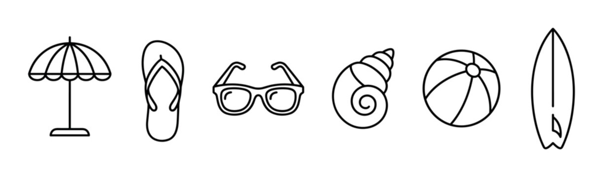 Beach umbrella, flip-flop, sunglasses, seashell, beach ball, and surfboard icons arranged in a clean, minimalist line art style representing summer vacation and seaside leisure activities.