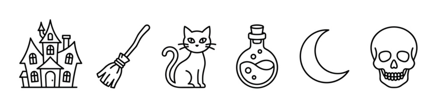 Halloween icons collection featuring spooky haunted house, witch's broom, black cat, magic potion, crescent moon, and human skull line art.