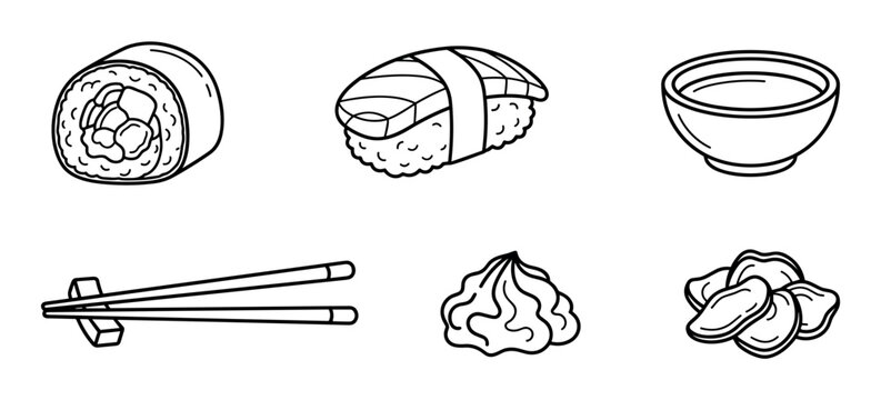 Collection of traditional Japanese sushi meal elements featuring maki roll, nigiri, chopsticks, soy sauce, wasabi, and pickled ginger.