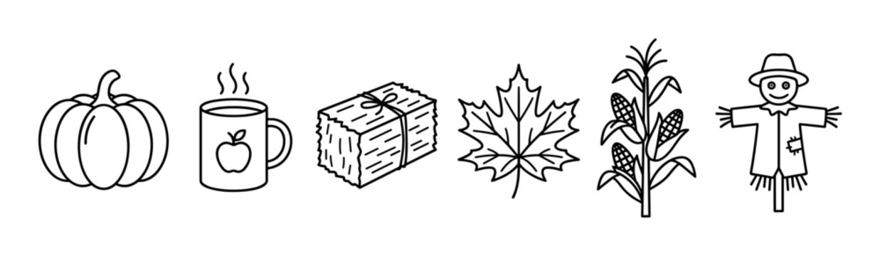 Various autumn harvest icons featuring pumpkin, hot cider mug, hay bale, maple leaf, corn stalk, and friendly scarecrow in a simple line art style.
