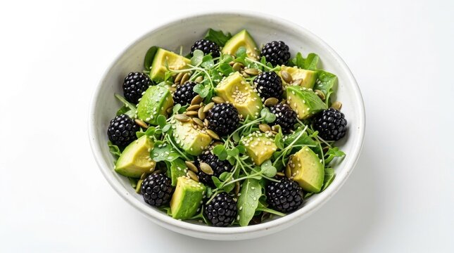 Healthy salad with ripe avocado chunks, fresh blackberries, green arugula, and toasted pumpkin seeds served in a white ceramic bowl, bright clean lighting, minimalist diet food concept.