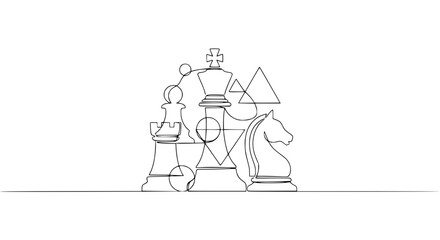 Abstract Chess Pieces and Geometric Shapes, One Line Drawing © Siap