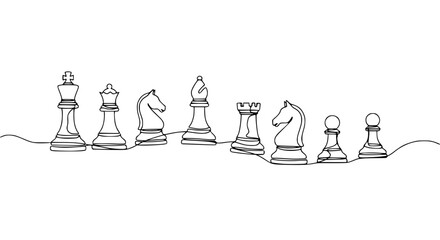 Continuous Line Drawing of Chess Pieces on White Background, Strategy Concept © Siap