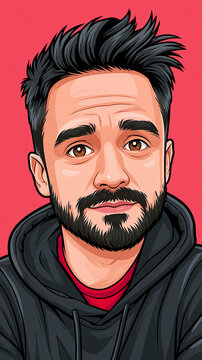 Cartoon portrait of young man with beard and black hoodie