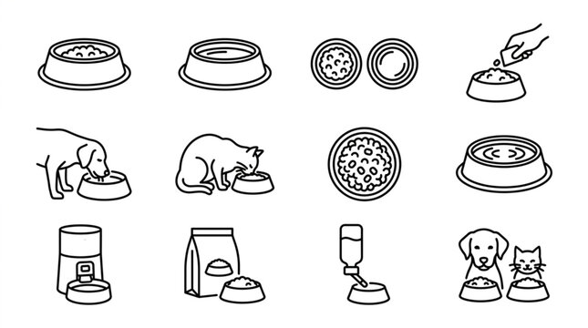 Collection of Pet Food Bowls and Accessories Line Art Icons.