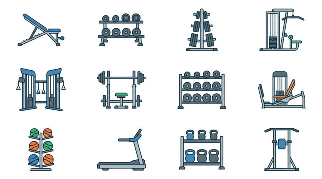 Collection of Gym Equipment Icons for Fitness and Exercise.