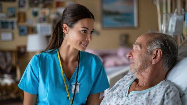 Caregiver's Compassion: A compassionate caregiver shares a warm smile with an elderly patient in a hospital bed, embodying dedication and empathy in healthcare.